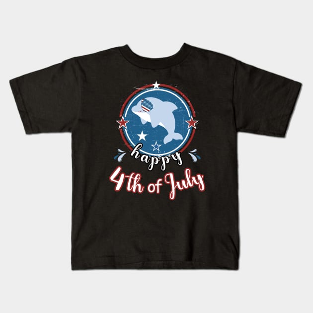 Happy 4Th of July Cute Dolphin Retro Kids T-Shirt by Cute Pets Graphically